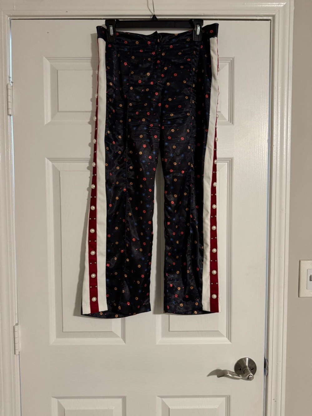 Navy Floral Pants with Red & White Side Stripes